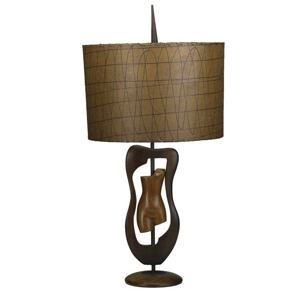 RUSSEL WRIGHT: RUSSEL WRIGHT; Carved table lamp with female torso and original shade; Branded signature; Overall: 37'' x 18''