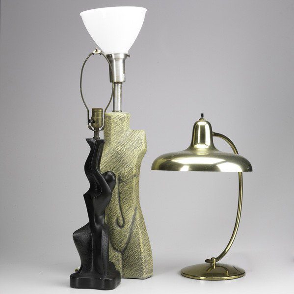 MODERN LIGHTING: MODERN LIGHTING; Three table lamps: yellow-glazed ceramic, plastic abstract figural and brass Lightolier-style; Tallest: 32''