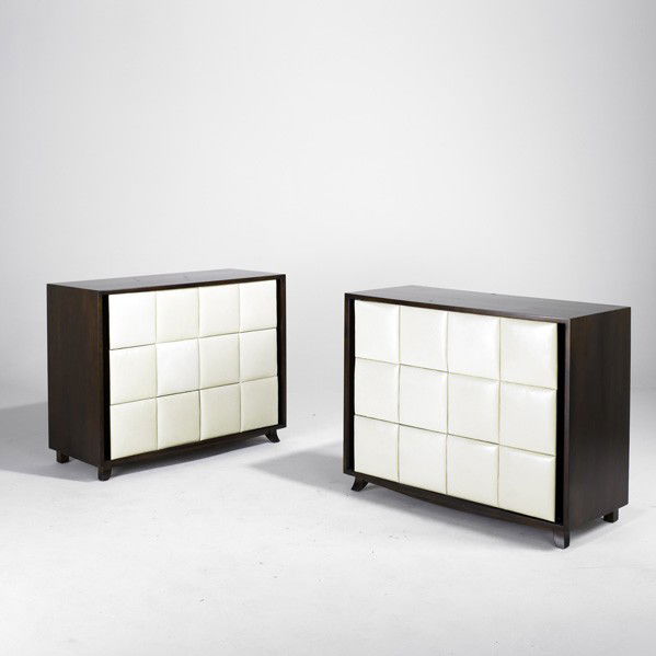 GILBERT ROHDE; HERMAN MILLER: GILBERT ROHDE; HERMAN MILLER; Pair of dressers, USA, 1940s; Mahogany and leatherette; Unmarked; Each: 34 1/2'' x 44 1/2'' x 19''
