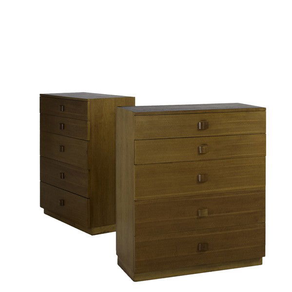 GILBERT ROHDE; HERMAN MILLER: GILBERT ROHDE; HERMAN MILLER; Pair of walnut dressers (#4265), USA, 1940s; Unmarked; 42'' x 36'' x 18''