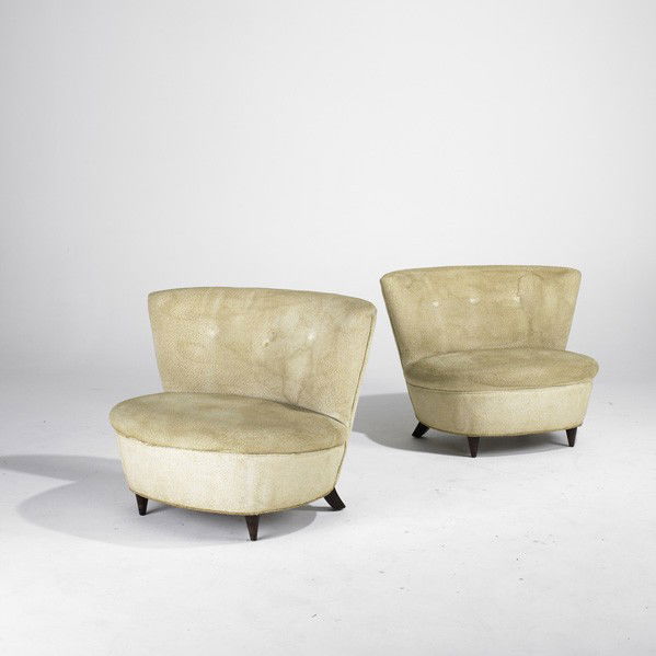 GILBERT ROHDE; HERMAN MILLER: GILBERT ROHDE; HERMAN MILLER; Pair of lounge chairs, USA, 1940s; Upholstery and walnut; Unmarked; Each: 29'' x 39'' x 29''