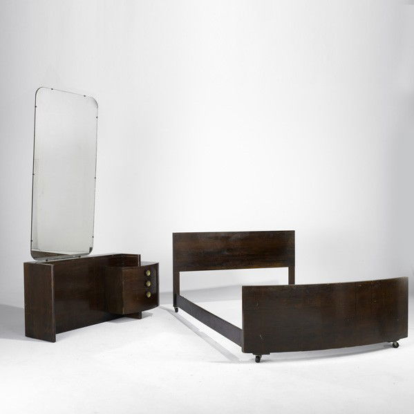 GILBERT ROHDE; HERMAN MILLER: GILBERT ROHDE; HERMAN MILLER; Vanity, mirror and full-sized bed; Rosewood, brass painted metal and mirror; Vanity 26'' x 56'' x 19'' and mirror: 60'' x 30''
