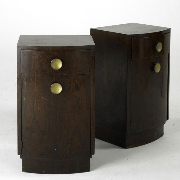 GILBERT ROHDE; HERMAN MILLER: GILBERT ROHDE; HERMAN MILLER; Pair of nightstands, USA, 1940's; Rosewood and brass plated metal; One foil label; Each: 27'' x 16'' x 14''