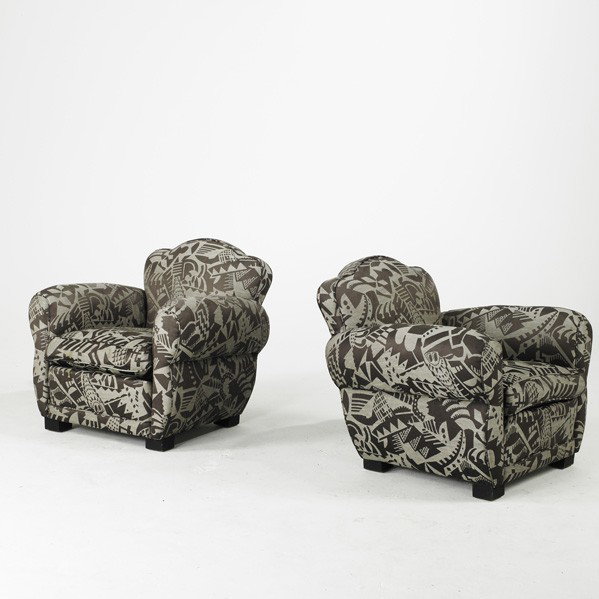 ART DECO STYLE: ART DECO STYLE; Pair of club chairs, USA, 1980's; Wool and ebonized wood; Unmarked; 30'' x 33'' x 33''