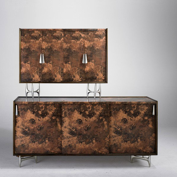 DONALD DESKEY; CHARAK: DONALD DESKEY; CHARAK; Cabinet with hutch, USA, 1960s; Micarta laminate, mahogany and aluminum; Provenance: Estate of Donald Deskey, New York; Overall: 73'' x 73 1/2'' x 20''