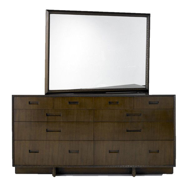 FRANK LLOYD WRIGHT; HERITAGE HENREDON: FRANK LLOYD WRIGHT; HERITAGE HENREDON; Ten drawer dresser (#2001) and mirror(#2000), USA, 1955; Mahogany; Branded; Dresser: 33'' x 65 1/2'' x 20'' and mirror: 35'' x 47''