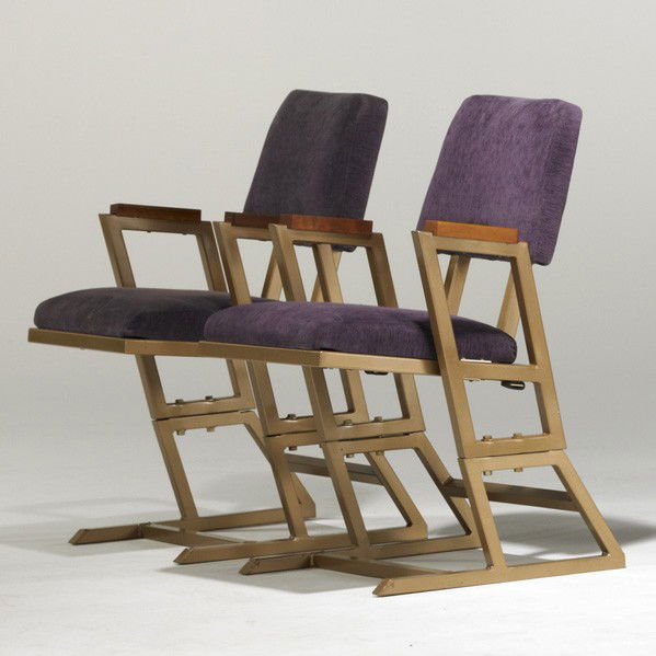 FRANK LLOYD WRIGHT: FRANK LLOYD WRIGHT; Pair of theater chairs, USA, c. 1959; Enameled metal and upholstery; Provenance: Kalita Humphreys Theater, Dallas Theater Center, TX; Unmarked; 34'' x 21'' x 25 1/2''
