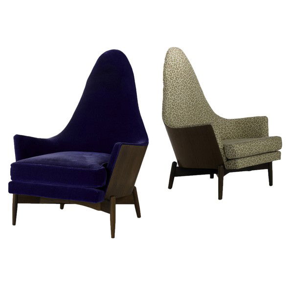 ADRIAN PEARSALL; CRAFT ASSOCIATES: ADRIAN PEARSALL; CRAFT ASSOCIATES; Two tall-back lounge chairs, USA, 1960s; Walnut and upholstery; (slight variations in dimensions) 43 1/2'' x 30 1/2'' x 36'' and 43 3/4'' x 30'' x 33''