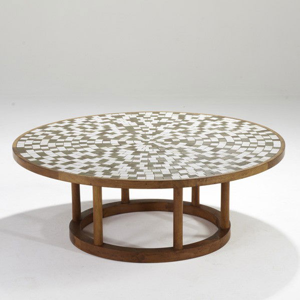 GORDON AND JANE MARTZ; MARSHALL STUDIOS: GORDON AND JANE MARTZ; MARSHALL STUDIOS; Coffee table, USA, 1950s; Glazed stoneware and teak; Unmarked; 16'' x 44'' dia.