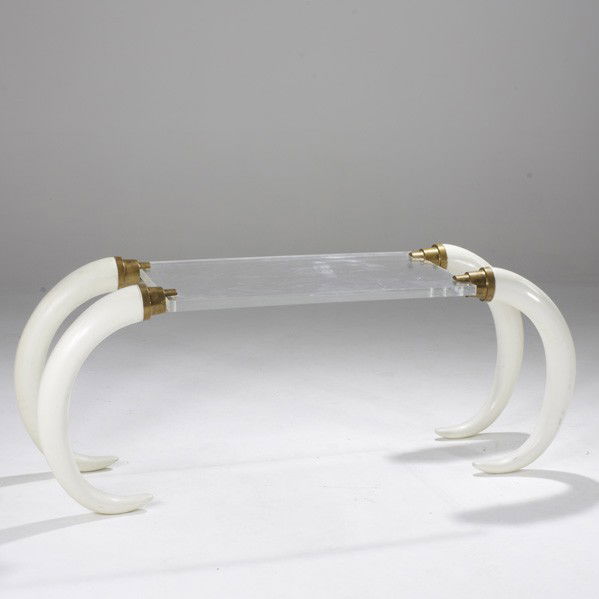 STYLE OF TONY DUQUETTE: STYLE OF TONY DUQUETTE; Console table, USA, 1960s; Acrylic. brass and composite; Unmarked; 28'' x 67'' x 21''