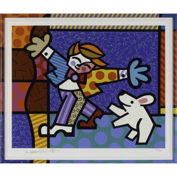 ROMERO BRITTO (Brazilian, b, 1964): ROMERO BRITTO (Brazilian, b, 1964); Screenprint in colors, ''Brendan and the Wishing Dog'' (artist- made frame); Signed and numbered 90/300; 17 1/2'' x 21 1/4'' (sight)
