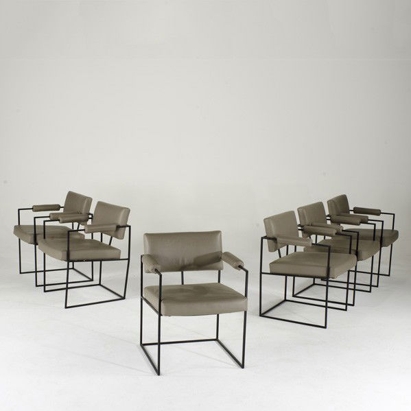 MILO BAUGHMAN; THAYER COGGIN: MILO BAUGHMAN; THAYER COGGIN; Set of six dining chairs, USA, 1980s; Leather and enameled metal; Unmarked; Each: 30'' x 23'' x 24''