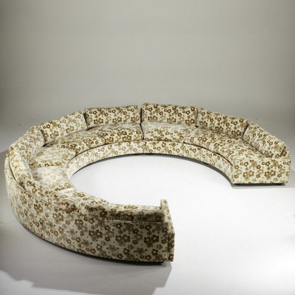 MILO BAUGHMAN; THAYER COGGIN: MILO BAUGHMAN; THAYER COGGIN; Three-piece sectional sofa, USA, 1960s; Sculpted wool and painted wood; Fabric labels; 26'' x 168'' dia.