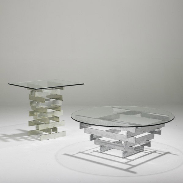 PAUL MAYEN; HABITAT: PAUL MAYEN; HABITAT; Coffee table and matching side table, USA, 1980s; Chromed steel, polished aluminum and glass; Unmarked; Coffee table: 15 1/2'' 42'' dia and side table: 25 1/2'' x 26'' sq.