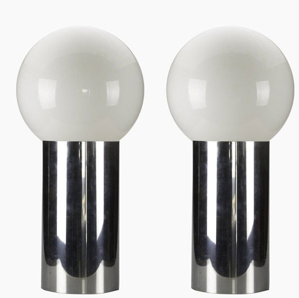 GEORGE KOVACS: GEORGE KOVACS; Pair of polished chrome cylindrical floor lamps with spherical white glass shades; 35'' x 12'' dia