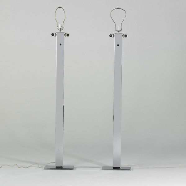 GEORGE KOVACS: GEORGE KOVACS; Pair of floor lamps, USA, 1970s; Chromed steel; Unmarked; Each 63'' x 11'' x 8''