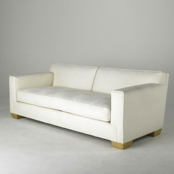 JOHN HUTTON; DONGHIA: JOHN HUTTON; DONGHIA; Sofa, USA, 1980's; Sculpted wool upholstery on wood block feet; Fabric label; 30 1/2'' x 86'' x 37''