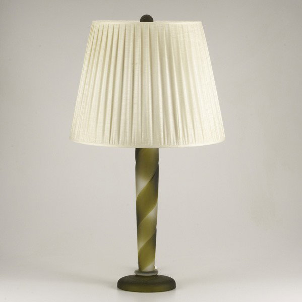 DONGHIA: DONGHIA; Table lamp; Olive and clear frosted glass and brass with pleated linen shade; Unmarked: 32'' x 18 1/2''