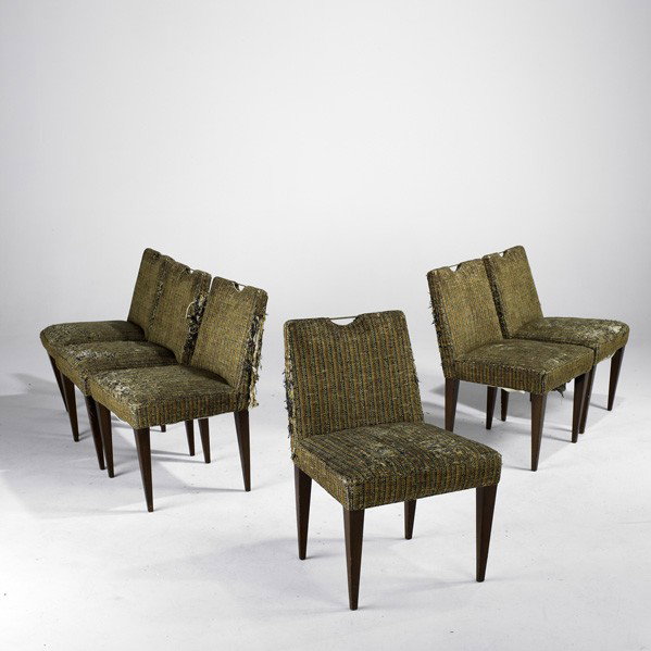 EDWARD WORMLEY; DUNBAR: EDWARD WORMLEY; DUNBAR; Set of six pull-up dining chairs, USA, 1940s; Upholstery, brass and mahogany; Green painted metal labels; Each: 31 1/2'' x 21'' x 22''