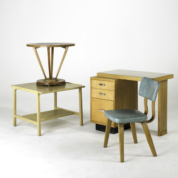 EDWARD WORMLEY, ETC: EDWARD WORMLEY, ETC; Sofa table, occasional table, desk and side chair, Unmarked; Dunbar table: 23'' x 30'' x 29''