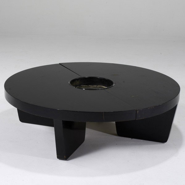 HARVEY PROBBER; HARVEY PROBBER INC.: HARVEY PROBBER; HARVEY PROBBER INC.; Nuclear coffee table, USA, 1950s; Ebonized wood and painted metal; Unmarked; As shown: 14'' x 48'' dia.