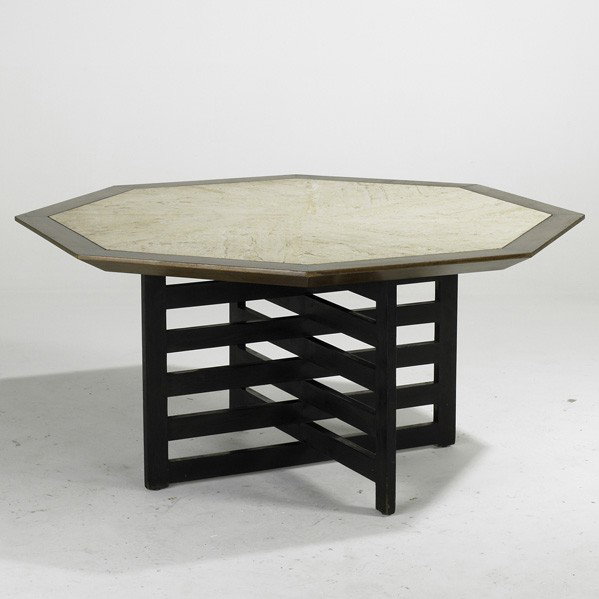 HARVEY PROBBER; HARVEY PROBBER INC: HARVEY PROBBER; HARVEY PROBBER INC; Dining table, USA, 1950s; Travertine and mahogany; Unmarked; 26'' x 15 1/2'' sq.