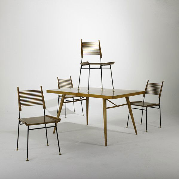 PAUL McCOBB; WINCHENDON: PAUL McCOBB; WINCHENDON; Dining table with two inserts and four dining chairs, USA, 1950s; Birch and enameled iron; Unmarked; Table: 29'' x 54'' x 36'', each insert: 36'' x 15'' and chairs: 34 1/2'' x