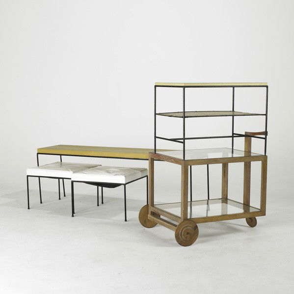 PAUL McCOBB, ETC: PAUL McCOBB, ETC; Four pieces: bench and table set by McCobb together with an American oak drink cart, USA, 1950s; Unmarked; Largest McCobb table: 21'' x 62'' x 15''