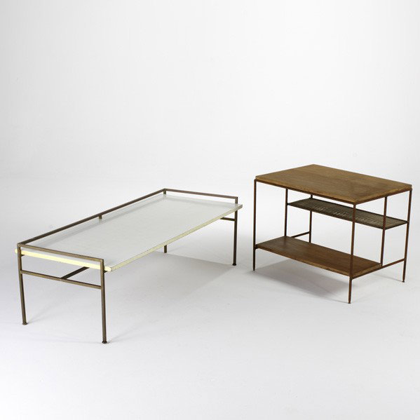 PAUL McCOBB: PAUL McCOBB; End table and coffee table, USA, 1950s; Birch, iron, brass and laminate; Unmarked; End table: 22 1/2'' x 28 1/4'' x 20'' and coffee table: 16 1/4'' x 53'' x 22''