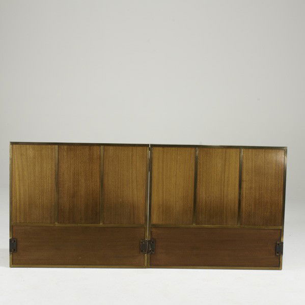 PAUL McCOBB; CALVIN: PAUL McCOBB; CALVIN; Pair of twin headboards, USA, 1950s; Bleached mahogany and brass; Unmarked; 36'' x 39 1/2'' x 2''