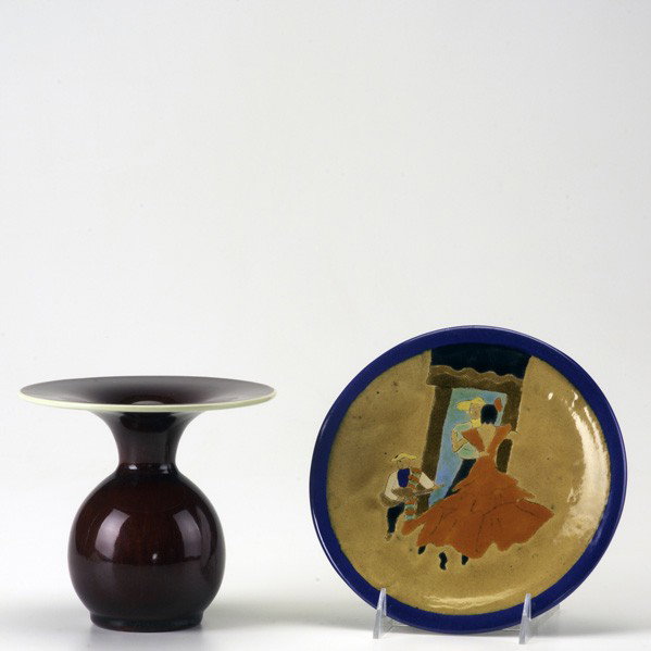 STUDIO POTTERY: STUDIO POTTERY; Catalina Pottery vase in oxblood glaze with large flared rim together with San Jose plate; Catalina vase signed; Vase: 6''