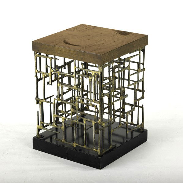 STYLE OF SILAS SEANDEL: STYLE OF SILAS SEANDEL; Occasional table, USA, 1970s; Steel, bronze, painted wood and oak; Unmarked; 17'' x 12'' sq.
