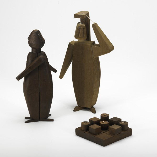 JOHN RISLEY; Three toys: JOHN RISLEY; Three toys, USA, 1970s: Tic Tac Toe and two men: different woods, copper nails, string and brads; Provenance: From the artist's family; Unmarked; 4 1/2'' x 4 1/2'' x 1 1/2'', 12 1/4'' x 7