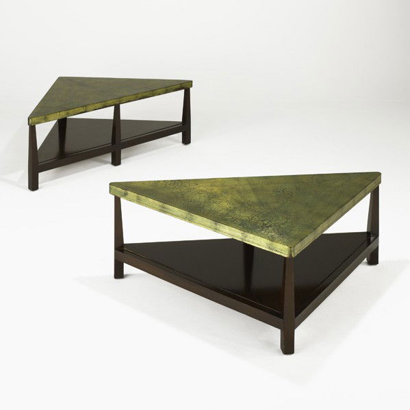 TOMMI PARZINGER: TOMMI PARZINGER; CHARAK MODERN; Pair of occasional tables, USA, 1940s; Gold leaf, mahogany; Charak Modern decals; 18'' x 54 1/2'' x 28''