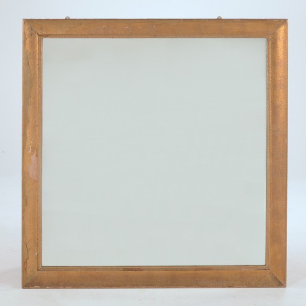 JAMES MONT; JAMES MONT DESIGNS: JAMES MONT; JAMES MONT DESIGNS; Large mirror, USA, 1950s; Gilt over gessoed wood; Fabric label; 55 1/2'' sq. x 2 1/2''