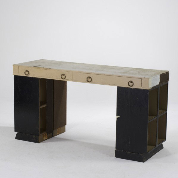 JAMES MONT (ATTR.): JAMES MONT (ATTR.); Tall desk, USA, 1960s; Painted wood and brass; 38 1/2'' x 73'' x 26 1/2''