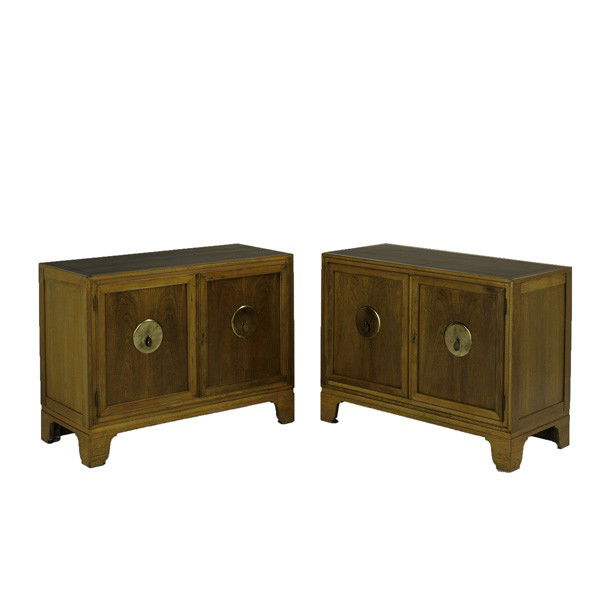 MICHAEL TAYLOR, BAKER: MICHAEL TAYLOR, BAKER; Pair of cabinets, USA, 1960s; Walnut, oak and brass; Metal labels; Each: 30'' x 40'' x 18 1/4''
