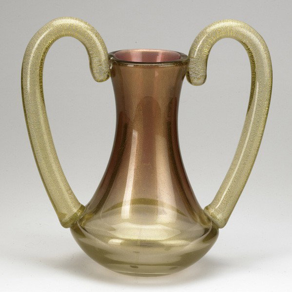 ARCHIMEDE SEGUSO: ARCHIMEDE SEGUSO; Large, double-handled glass vessel with gold inclusions; Unmarked; 13 1/4'' x 12 1/2'' x 7 1/4''
