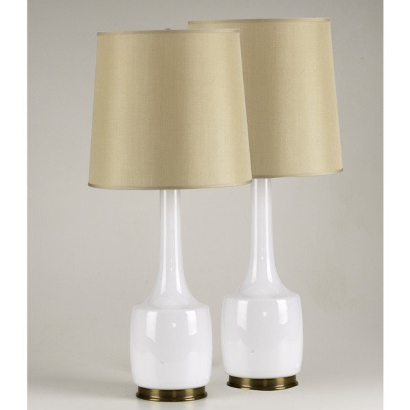 MODERN LIGHTING: MODERN LIGHTING; Pair of table lamps; White glass with cream satin shades; Each: 32'' x 14'' dia.