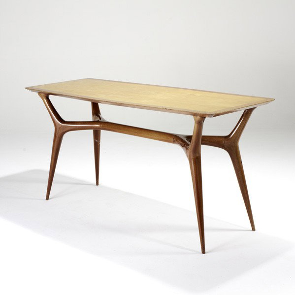 STYLE OF ICO PARISI: STYLE OF ICO PARISI; Console table, Italy, 1950s; Italian walnut and mahogany; Unmarked; 33 1/2'' x 71'' x 27''