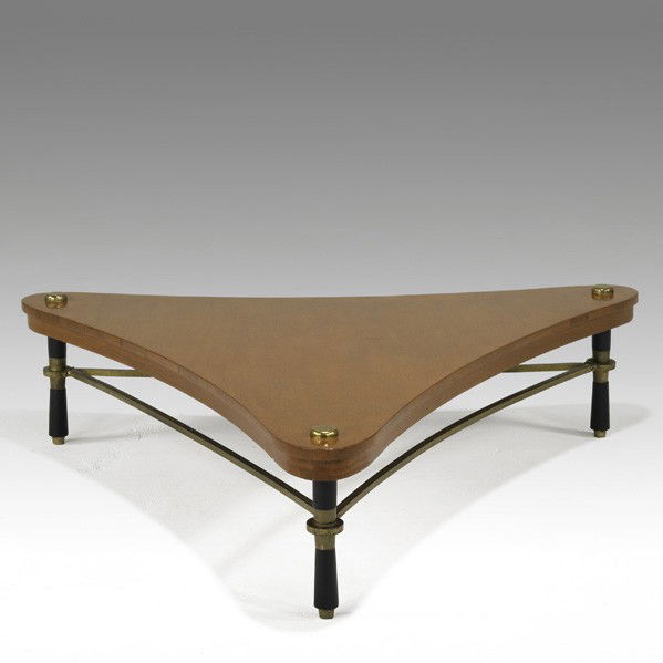 ARTURO PANI: ARTURO PANI; Coffee table, Mexico, 1950s; Walnut, brass, enameled wood, gilt iron; Unmarked; 11 3/4'' x 39''