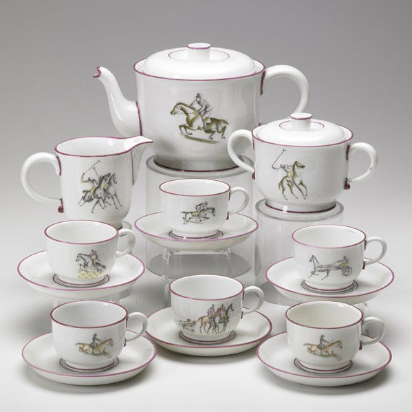 GIO PONTI; RICHARD GINORI; Tea set: GIO PONTI; RICHARD GINORI; Tea set with assorted horseback-riding scenes including polo, hunting, and racing; Transfer-decorated porcelain; Stamped DECORAZIONE ESEGUITA DA RICHARD GINORI and numbered;