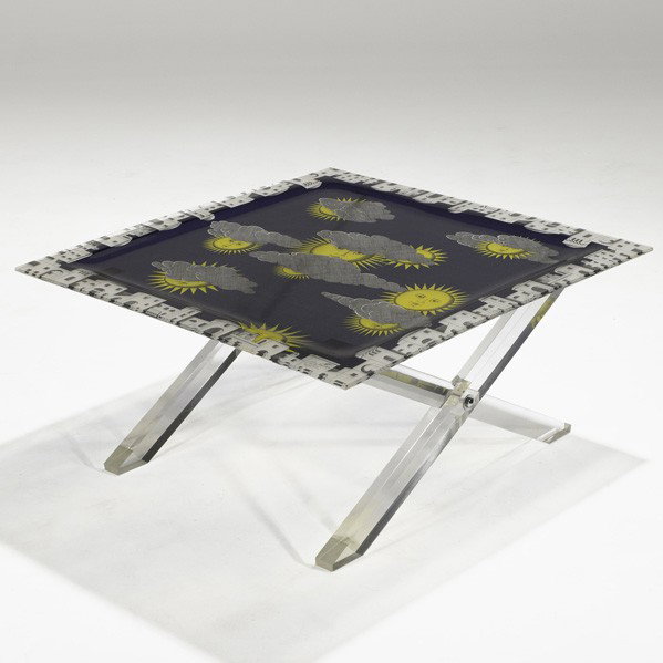 PIERO FORNASETTI: PIERO FORNASETTI; Sole di Capri tray table, Italy, 1970s; Acrylic and chromed steel; Stamped and labeled; 16'' x 33 3/4'' sq.