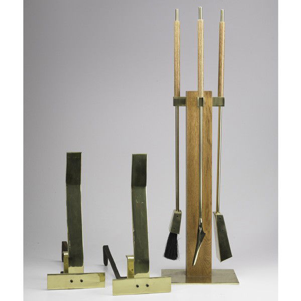 ALESSANDRO ALBRIZZI: ALESSANDRO ALBRIZZI; Three-piece fire tool set and a pair of andirons, Italy, 1960s; Brass, oak and steel; Tool set: 36'' x 10'' x 8 1/2''
