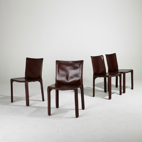 MARIO BELLINI; CASSINA: MARIO BELLINI; CASSINA; Set of four Cab side chairs, Italy, 1980s; Leather over steel frames; Stamped signatures; Each: 32'' x 19'' x 18''