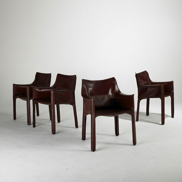 MARIO BELLINI; CASSINA: MARIO BELLINI; CASSINA; Set of four Cab armchairs, Italy, 1980s; Leather over steel frames; Stamped signatures; Each: 32'' x 19'' x 18''