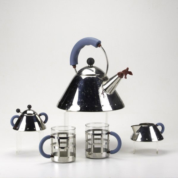 MICHAEL GRAVES; ALESSI: MICHAEL GRAVES; ALESSI; Five piece stainless steel and plastic tea set: teapot, creamer, sugar and two teacups; all marked; Teapot: 9''