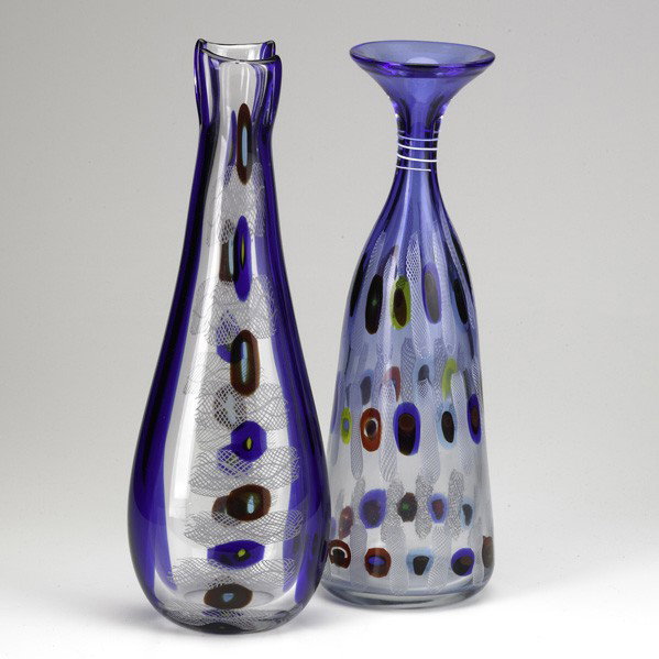 AFTER ANZOLO FUGA: AFTER ANZOLO FUGA; Two large contemporary art glass vases with murrines and lattimo, one with bifurcated rim; Unmarked; Taller 17''