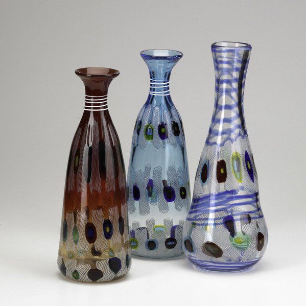 AFTER ANZOLO FUGA: AFTER ANZOLO FUGA; Threee contemporary art glass vases with murrines and lattimos; Unmarked; Tallest: 15 1/4''