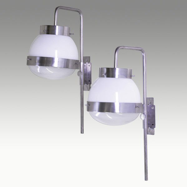 SERGIO MAZZA; ARTEMIDE: SERGIO MAZZA; ARTEMIDE; Pair of Delta sconces, Italy, 1960s; Stainless steel and glass; Unmarked; 25 1/2'' x 10'' x 16 1/2''